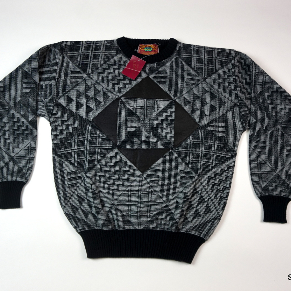 VTG NWT Men's Leather Trim Sweater Geometric Print